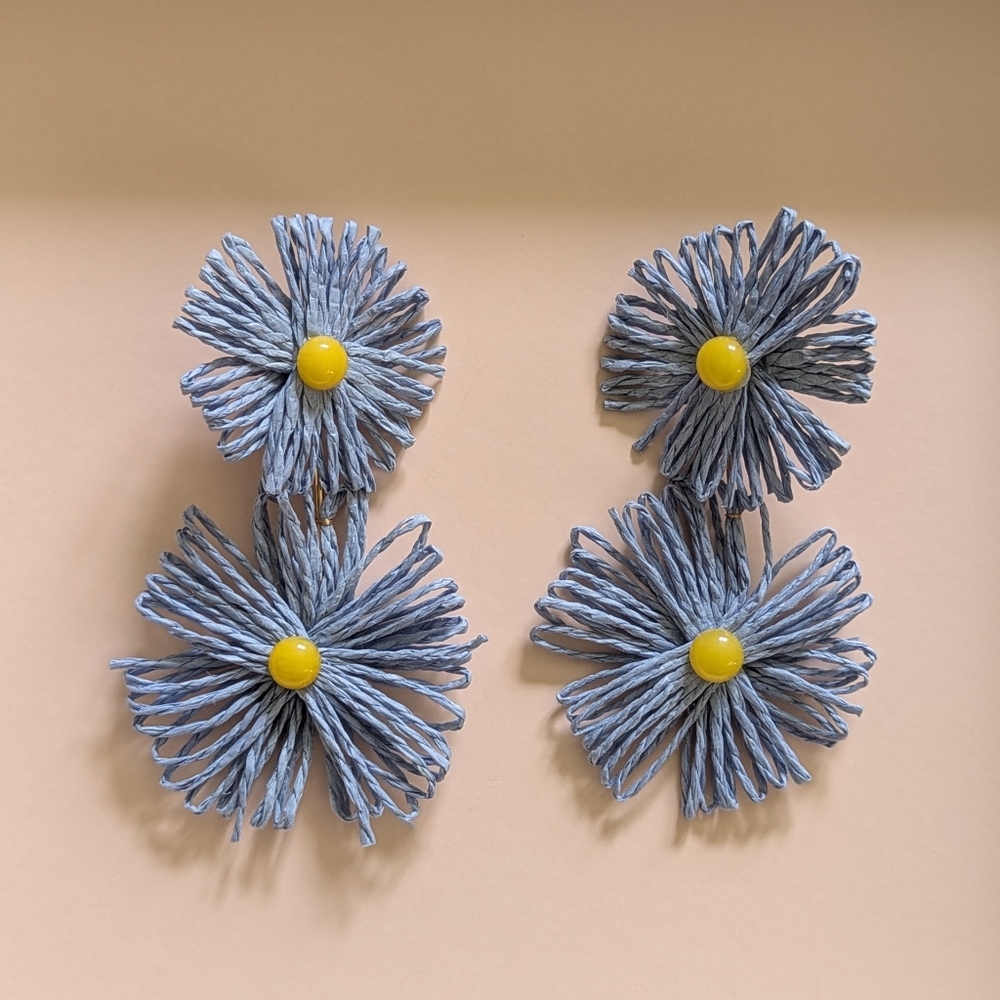 Nakamol Blue Raffia Flower Statement Earrings